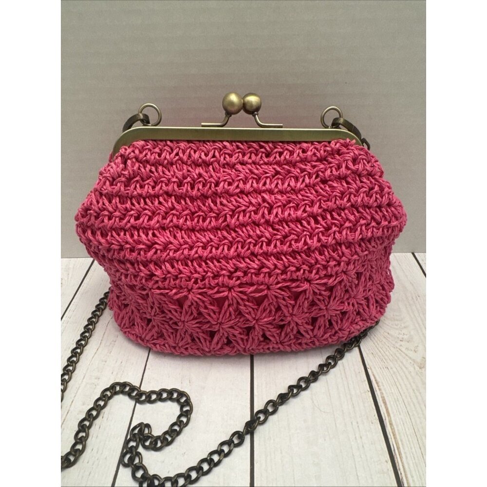 Sun ‘N’ Sand Hot Pink Kisslock Woven Shoulder Bag/Purse Chain 9x6x4” VGUC
